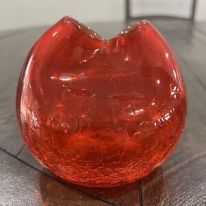 Blenko Amberina Orange Pinch Crackle Glass 4 Inch Vase Bud